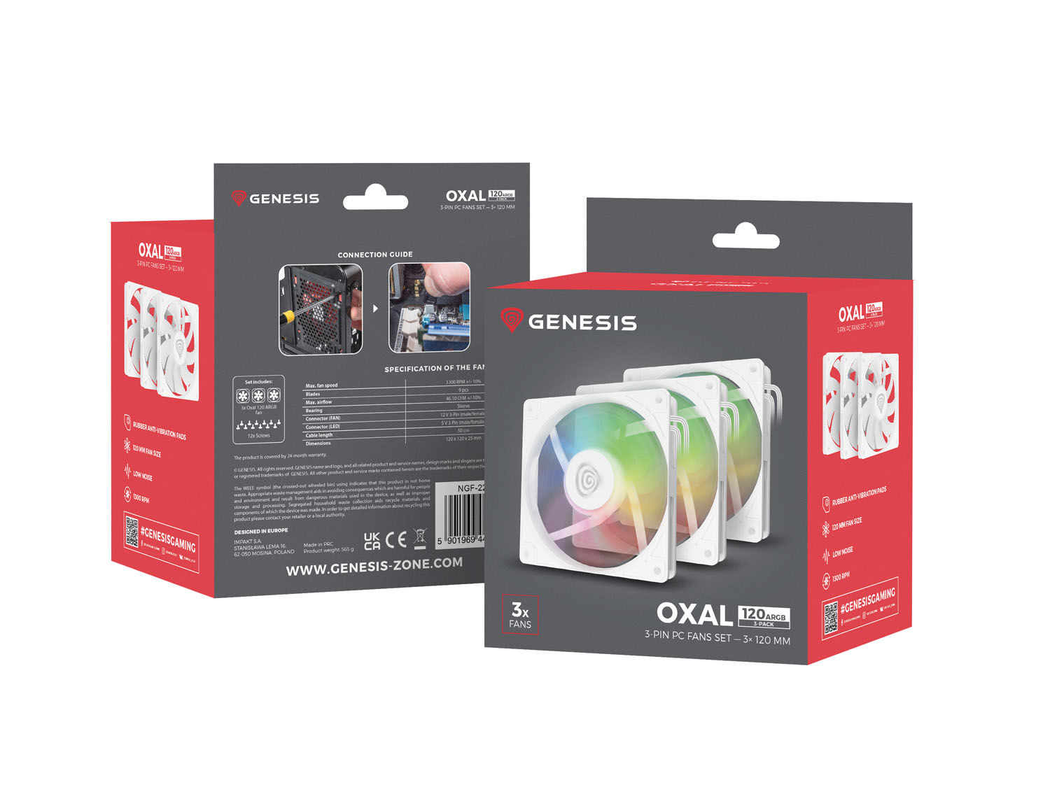 Ventilátor Genesis OXAL 120 ARGB, 3-Pack, Biely 