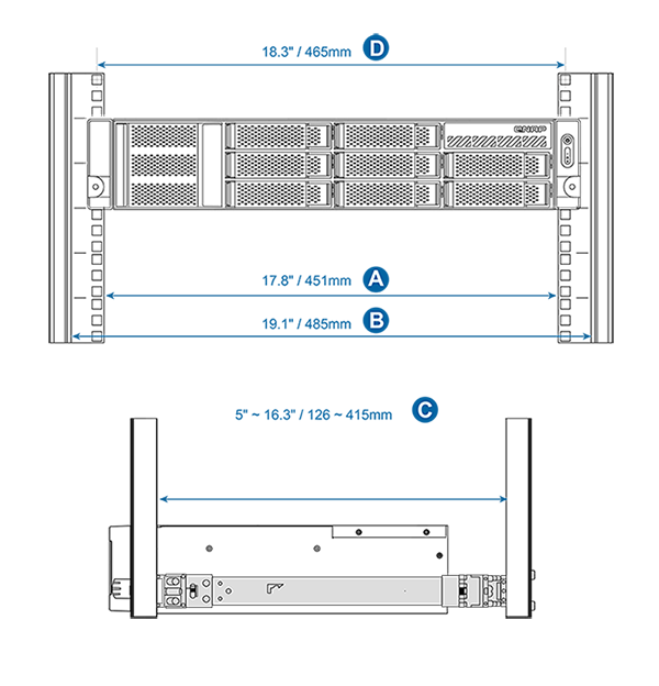 QNAP Rail Kit, podpora rack-post 126 ~ 415mm pre 1U/ 2U/ 3U short-depth rackmount QNAP model 