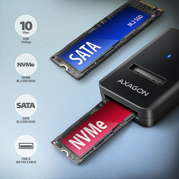 AXAGON ADM2-AM USB-A 10Gbps - M.2 NVMe & SATA SSD adaptér, kábel USB-A 10cm 