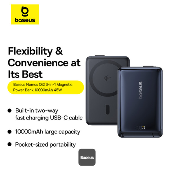 Baseus Powerbanka PicoGo Qi2 10000mAh 45W s káblom USB-C čierna 