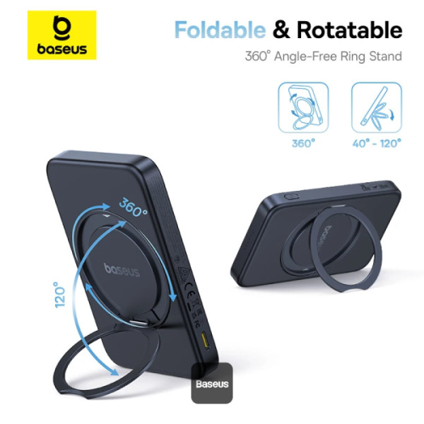 Baseus Powerbanka PicoGo Qi2 s otočným stojanom a bezdrôtovým nabíjaním 5000mAh 20W USB-C čierna 