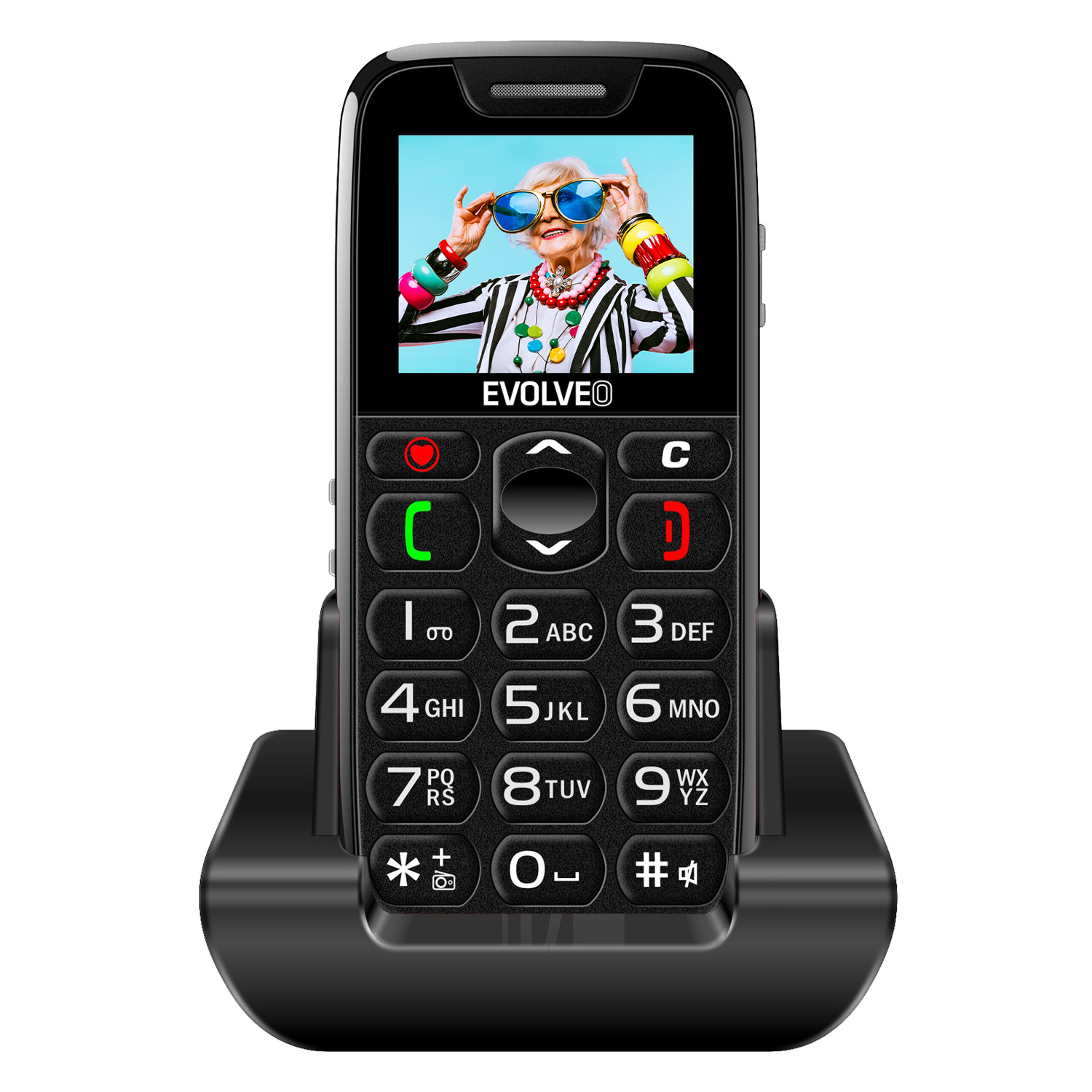 EVOLVEO EasyPhone, mobilný telefón pre seniorov s nabíjacím stojanom, čierna 