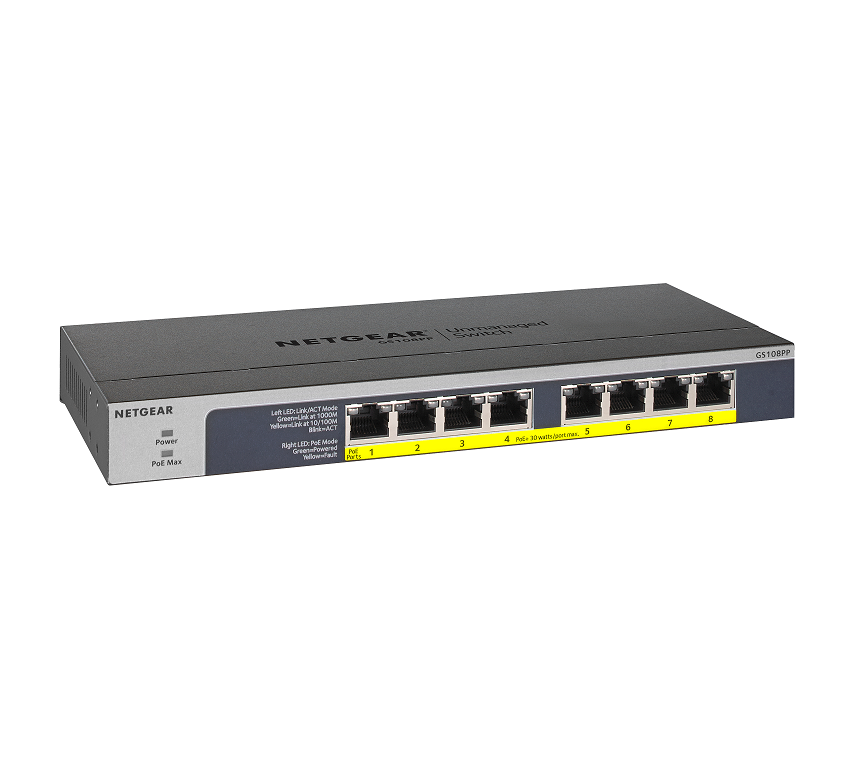 NETGEAR 8-port 10/ 100/ 1000Mbps Gigabit Ethernet, Flexible PoE, GS108PP 