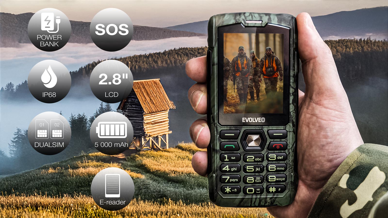EVOLVEO StrongPhone H1, vodotesný odolný Dual SIM telefón, lovecká kamufláž 
