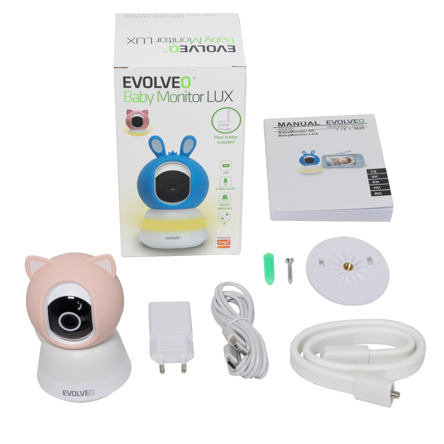 EVOLVEO Baby Monitor LUX- Múdra 360 ° videoopatrovateľka s nočným videním, detekciou plače a pohybu, ružová 