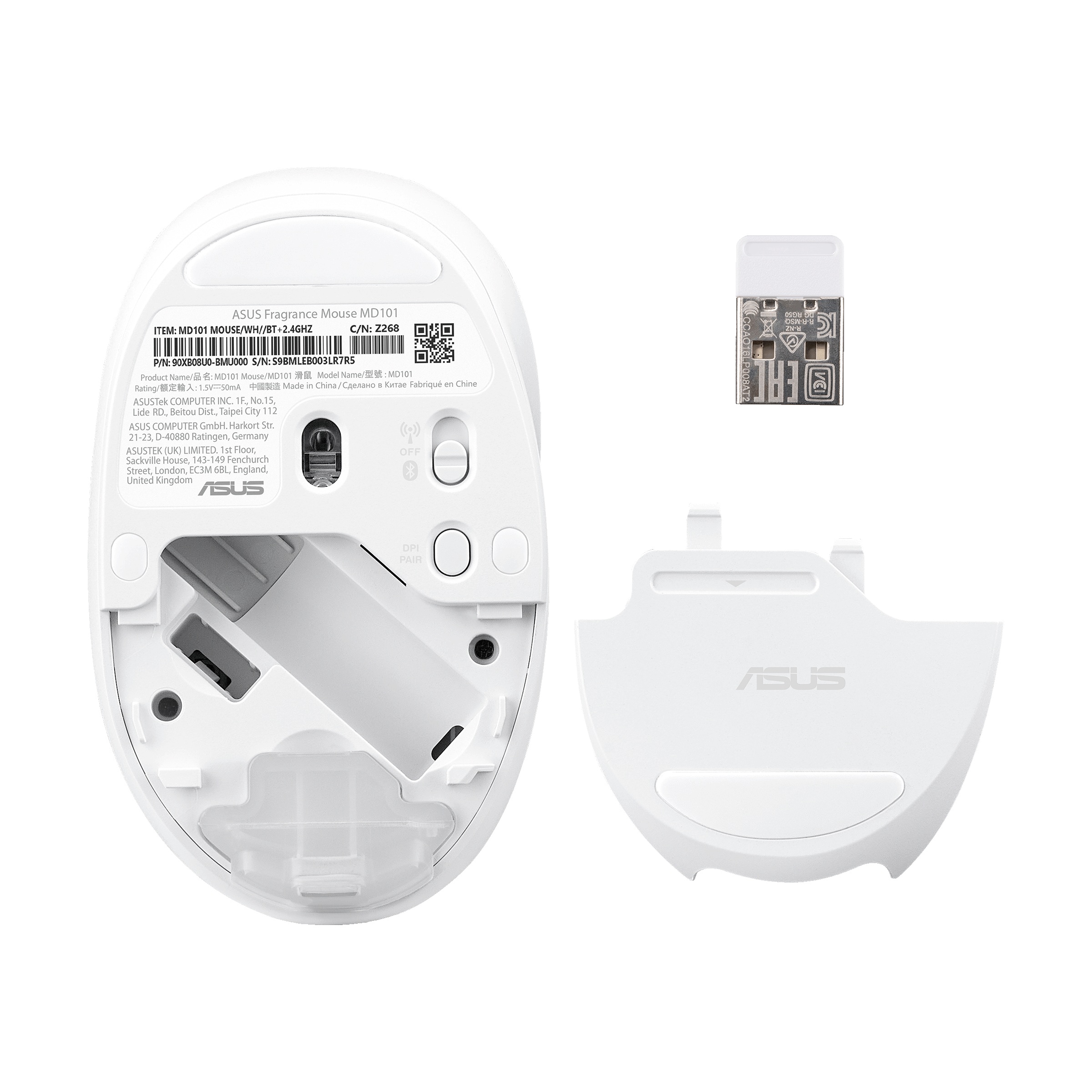 ASUS Fragrance Mouse MD101/ Ergonomická/ Optická/ 2 400 DPI/ USB+BT/ Biela 