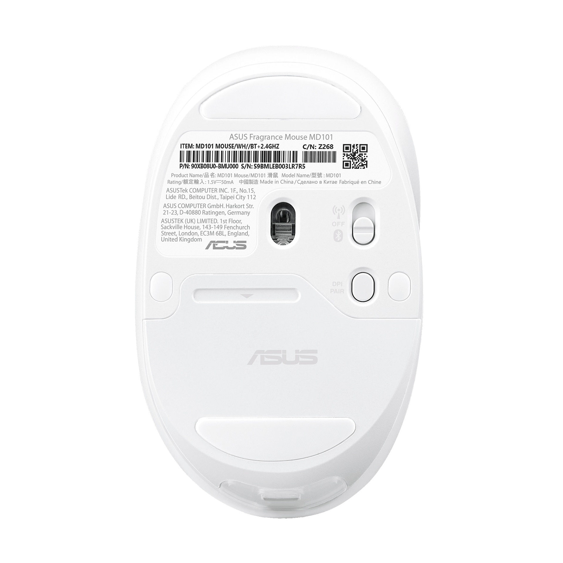 ASUS Fragrance Mouse MD101/ Ergonomická/ Optická/ 2 400 DPI/ USB+BT/ Biela 