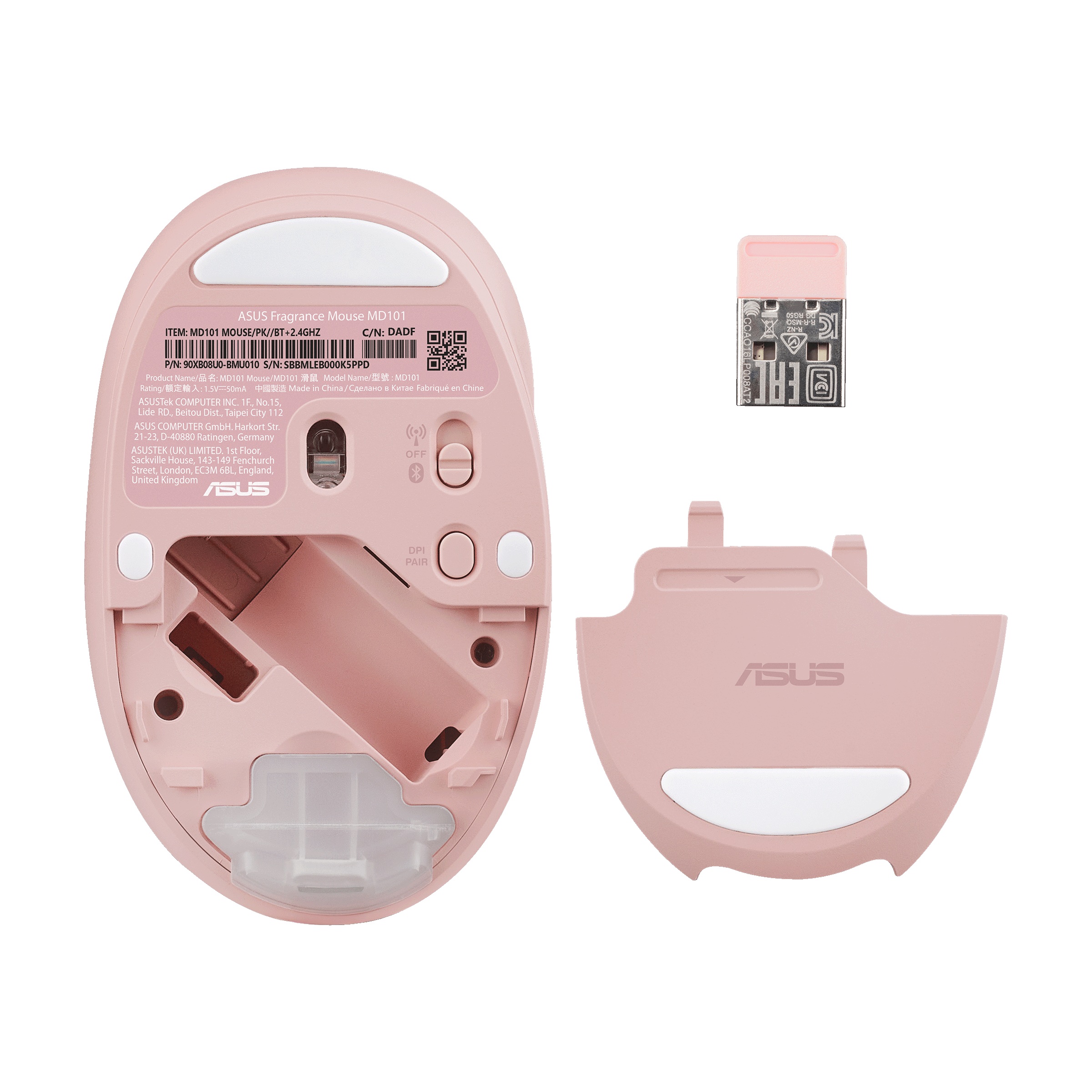 ASUS Fragrance Mouse MD101/ Ergonomická/ Optická/ 2 400 DPI/ USB+BT/ Ružová 