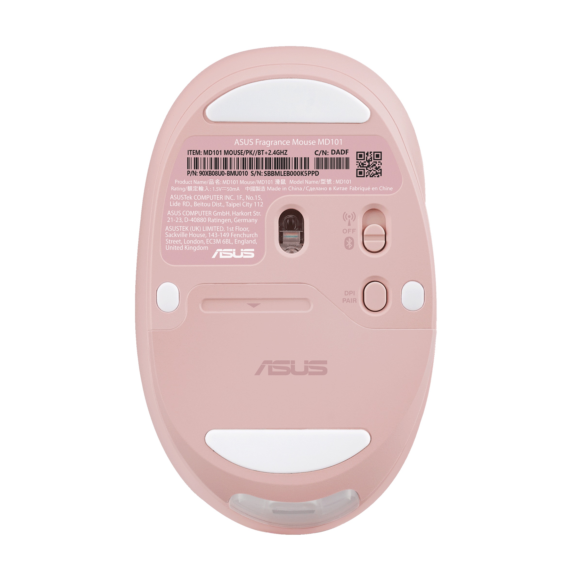 ASUS Fragrance Mouse MD101/ Ergonomická/ Optická/ 2 400 DPI/ USB+BT/ Ružová 