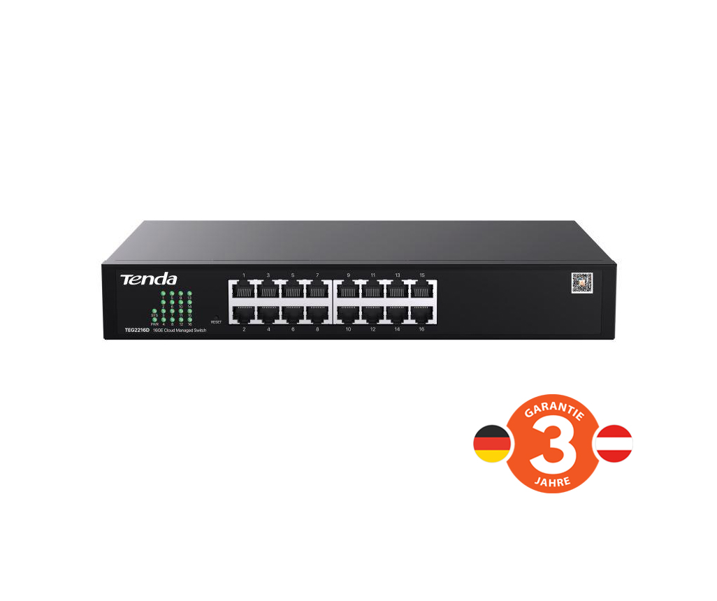 Tenda TEG2216D Websmart L2 cloud managed switch, 16x 10/ 100/ 1000 Mbps, Kov, Fanless-bez ventilátorov 