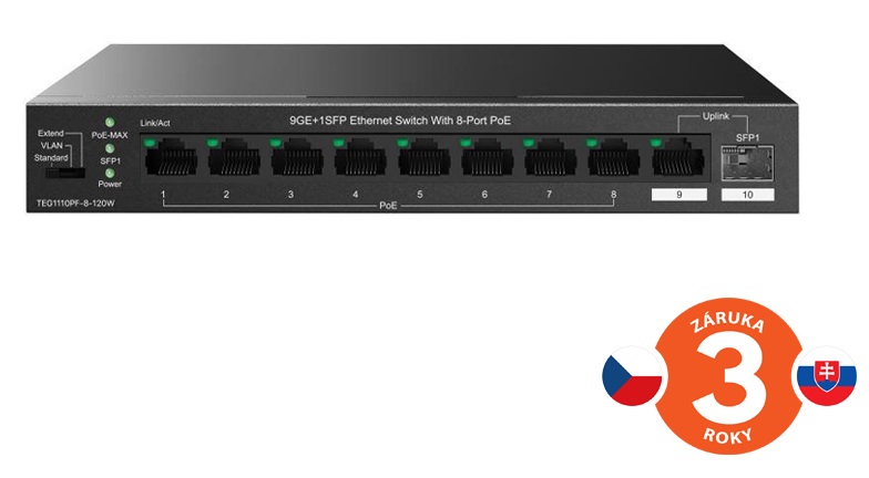 Tenda TEG1110PF-8-120W PoE+ AT switch 8xPoE 802.3af/ at + Uplink RJ45 + SFP port, 110W, PoE+, fanless 