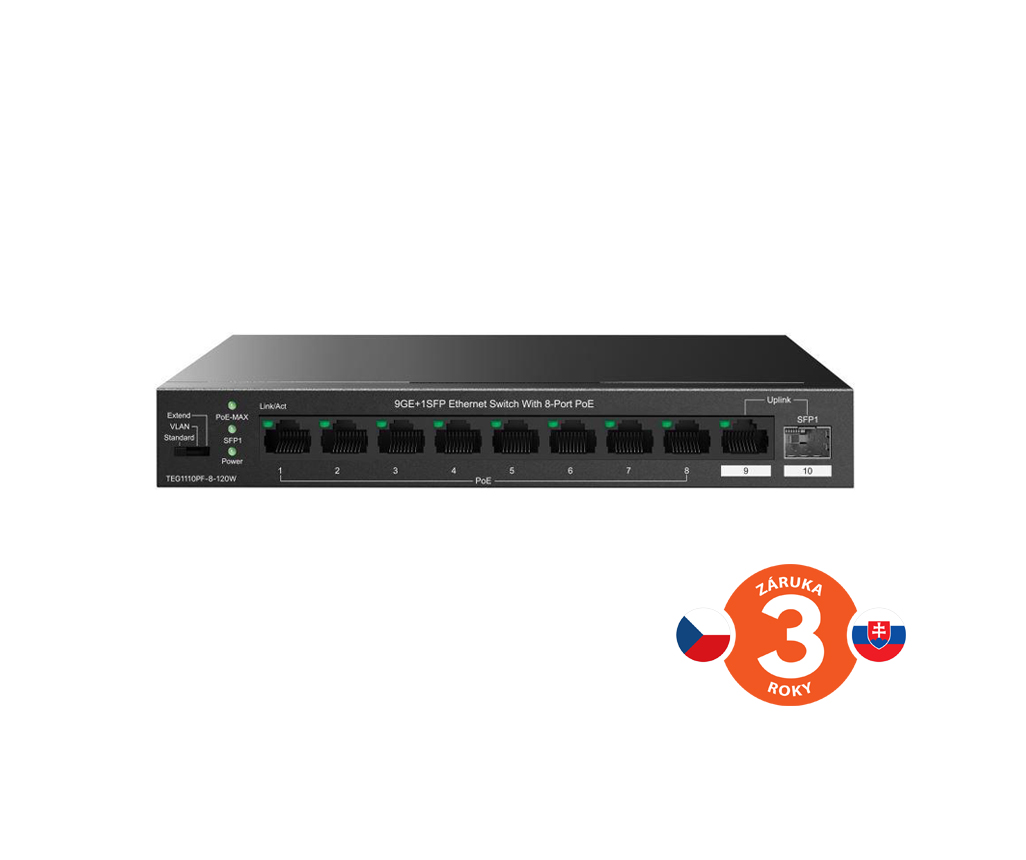 Tenda TEG1110PF-8-120W PoE+ AT switch 8xPoE 802.3af/ at + Uplink RJ45 + SFP port, 110W, PoE+, fanless 