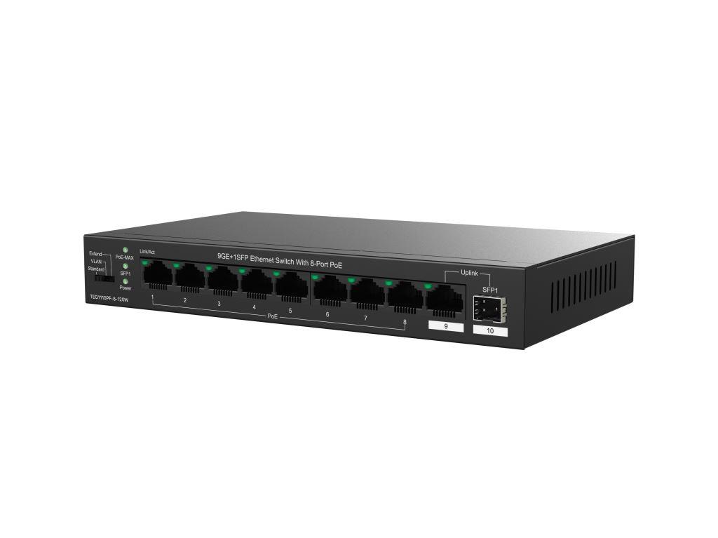 Tenda TEG1110PF-8-120W PoE+ AT switch 8xPoE 802.3af/ at + Uplink RJ45 + SFP port, 110W, PoE+, fanless 