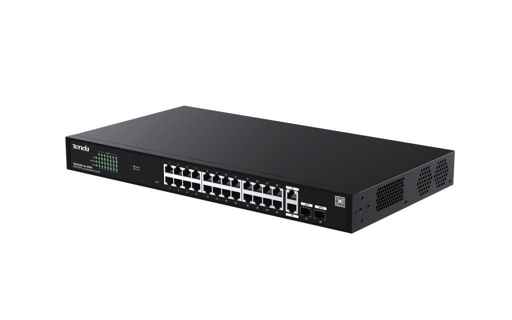 Tenda TEG2228P-24-410W Gigabit PoE+ Websmart L2 Cloud switch 370W, 24x 1Gb/ s PoE+, 2xRJ45, 2xSFP, Rack 