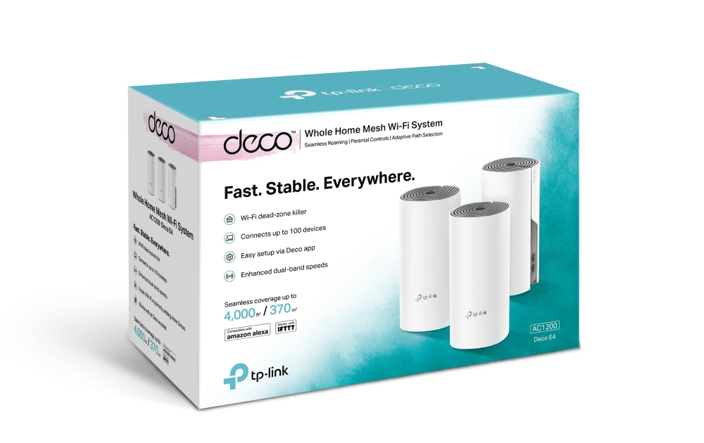 TP-Link AC1200 Whole-home Mesh WiFi System Deco E4 (3-pack), 2x10/ 100 RJ45 