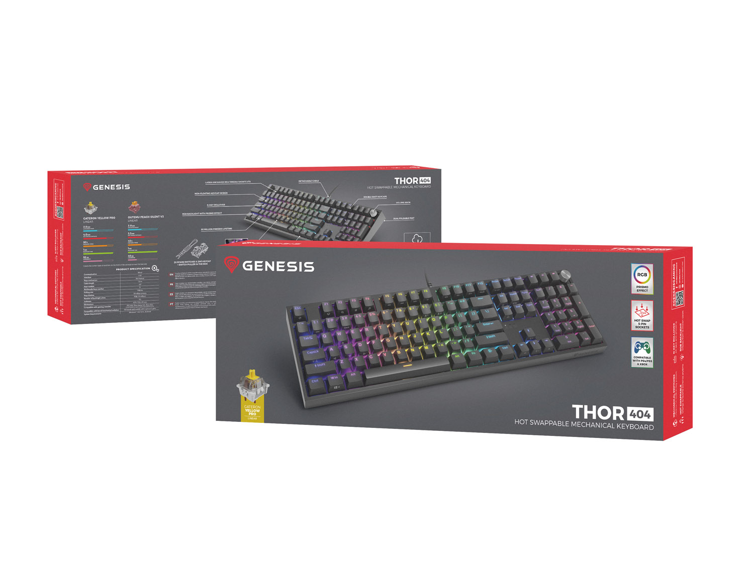 Herná mechanická klávesnica Genesis THOR 404/ RGB/ Gateron Yellow Pro/ Drôtové USB-A/ US layout/ Čierna 