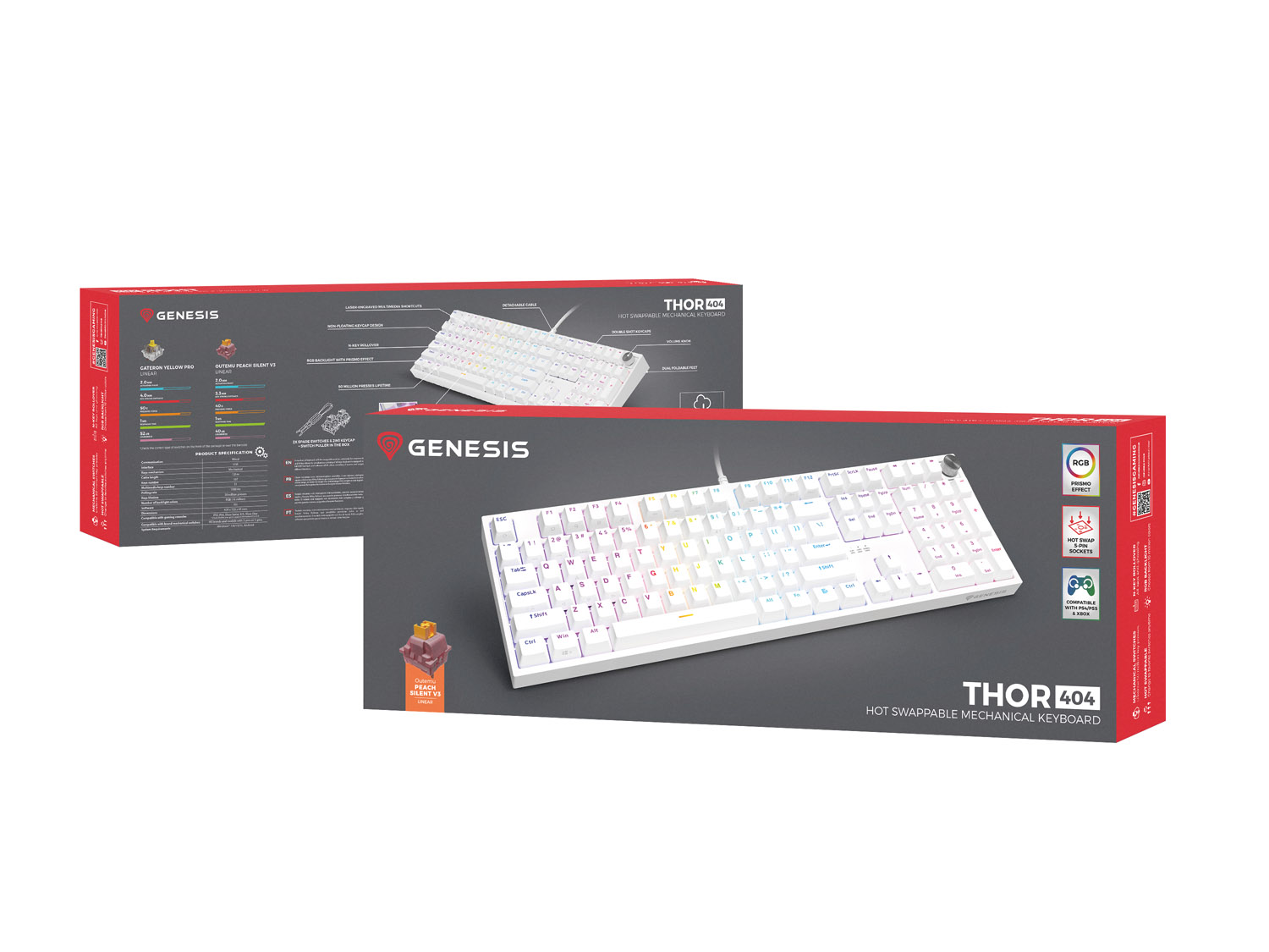 Herná mechanická klávesnica Genesis THOR 404/ RGB/ Outemu Peach Silent/ Drôtové USB-A/ US layout/ Biela 