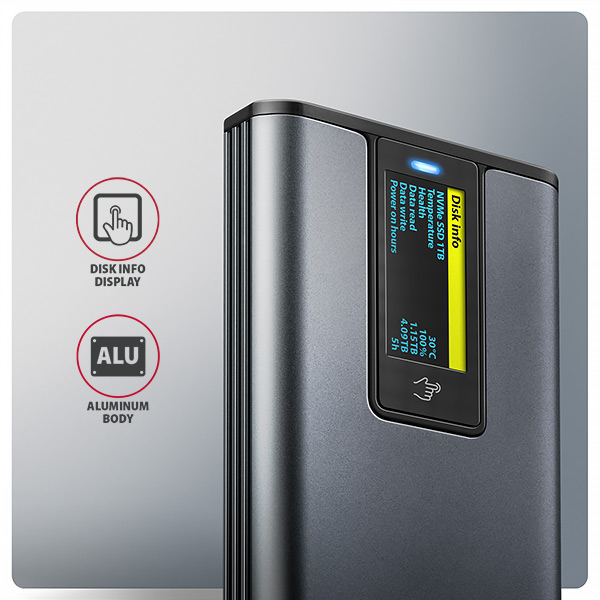 AXAGON EEM2-SD2 10Gbps USB-C - M.2 NVMe & SATA SSD kovový DISPLAY box, bezskrutkový 