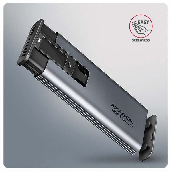 AXAGON EEM2-SD2 10Gbps USB-C - M.2 NVMe & SATA SSD kovový DISPLAY box, bezskrutkový 