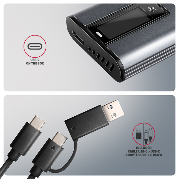 AXAGON EEM2-SD2 10Gbps USB-C - M.2 NVMe & SATA SSD kovový DISPLAY box, bezskrutkový 