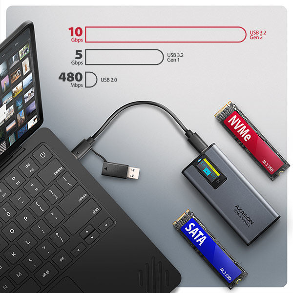 AXAGON EEM2-SD2 10Gbps USB-C - M.2 NVMe & SATA SSD kovový DISPLAY box, bezskrutkový 