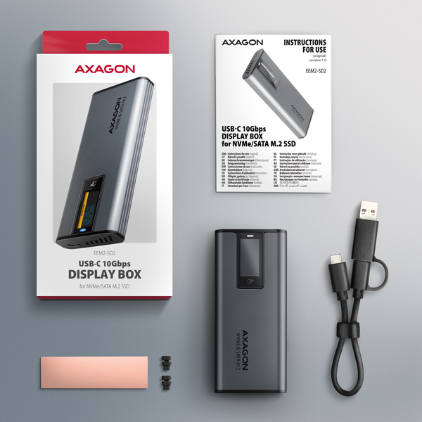 AXAGON EEM2-SD2 10Gbps USB-C - M.2 NVMe & SATA SSD kovový DISPLAY box, bezskrutkový 