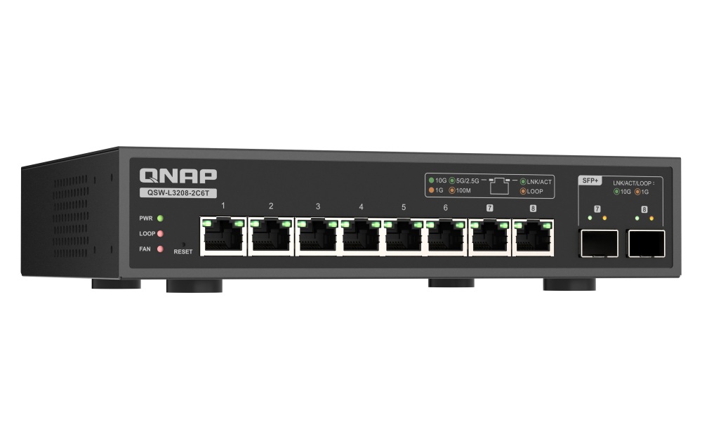 QNAP switch QSW-L3208-2C6T (6x 10GbE port, 2x 10G SFP+/ NBASE-T Combo, Lite Managed) 