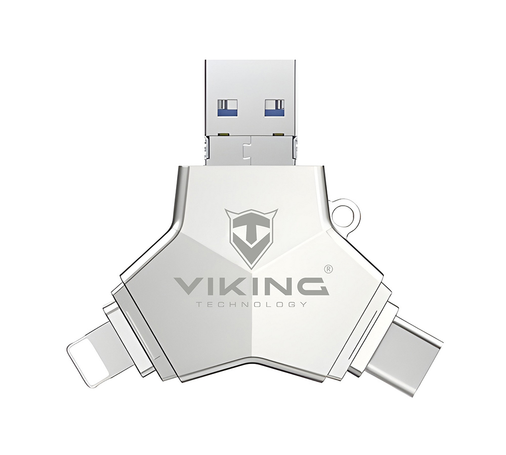 VIKING USB FLASH DISK 3.0 4v1 128GB, S KONCOVKOU APPLE LIGHTNING, USB-C, MICRO USB, USB3.0, čierna 