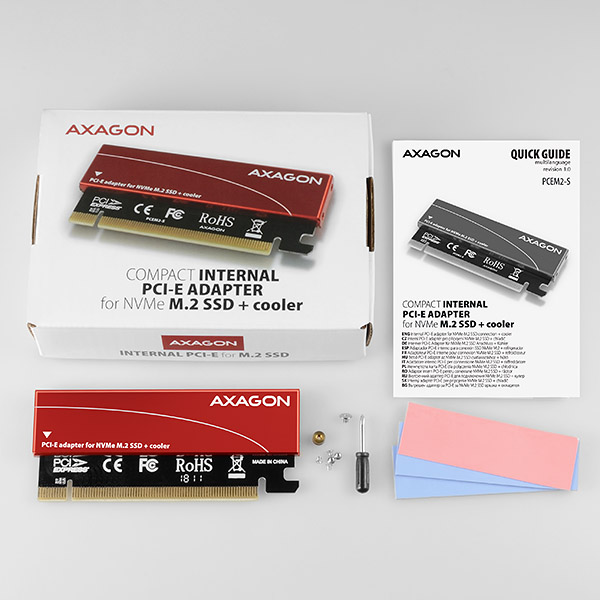 AXAGON PCEM2-S, PCIe x16 - M.2 NVMe M-key slot adaptér, kovový kryt pre pasívne chladenie 