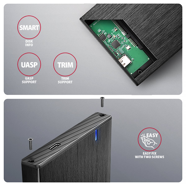 AXAGON EE25-XA6C, USB-C 5Gbps - SATA 6G, 2.5" kovový ALINE box 