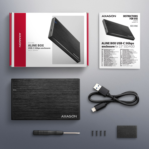 AXAGON EE25-XA6C, USB-C 5Gbps - SATA 6G, 2.5" kovový ALINE box 