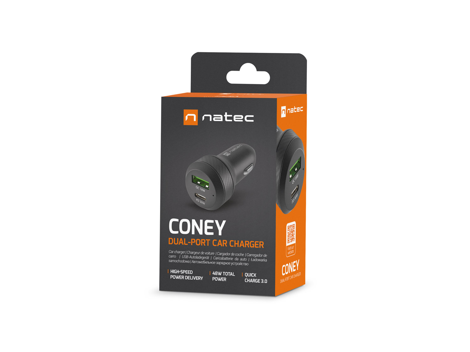 Natec nabíjačka do auta CONEY, 1XUSB, 1XUSB-C, 48W 