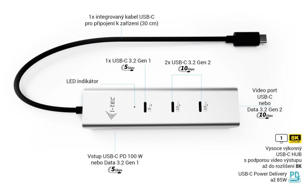 i-tec USB-C Charging Metal HUB 5port s USB-C video 8K, Power Delivery 85W 