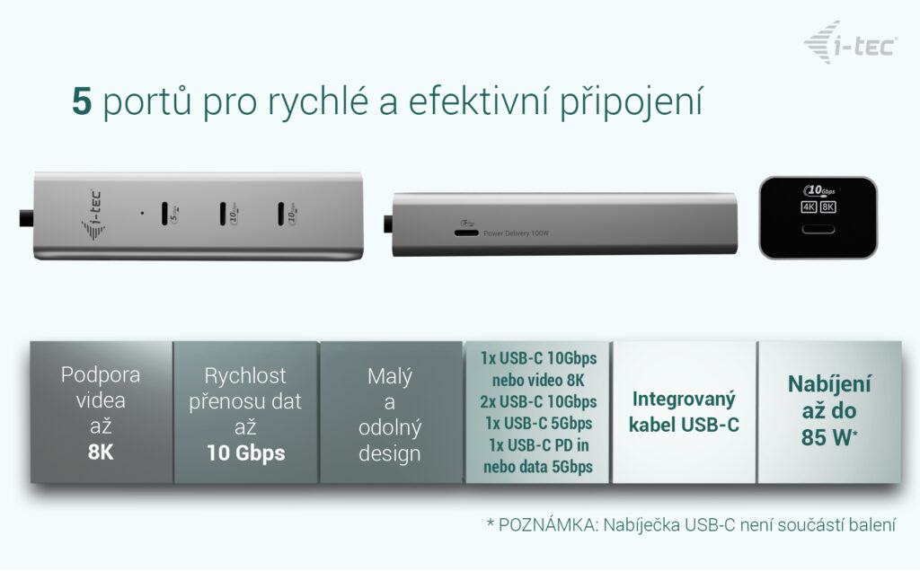i-tec USB-C Charging Metal HUB 5port s USB-C video 8K, Power Delivery 85W 