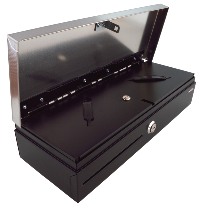 Pokladničná zásuvka flip-top FT-460C2 - s káblom, so zamyk. krytom zakladača, Nerez veko, 9-24V, čierna 