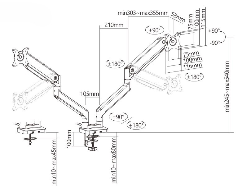 Držiak monitora Brateck LDT60-C024 dve ramená vedľa seba mechanická pružina Heavy Duty 