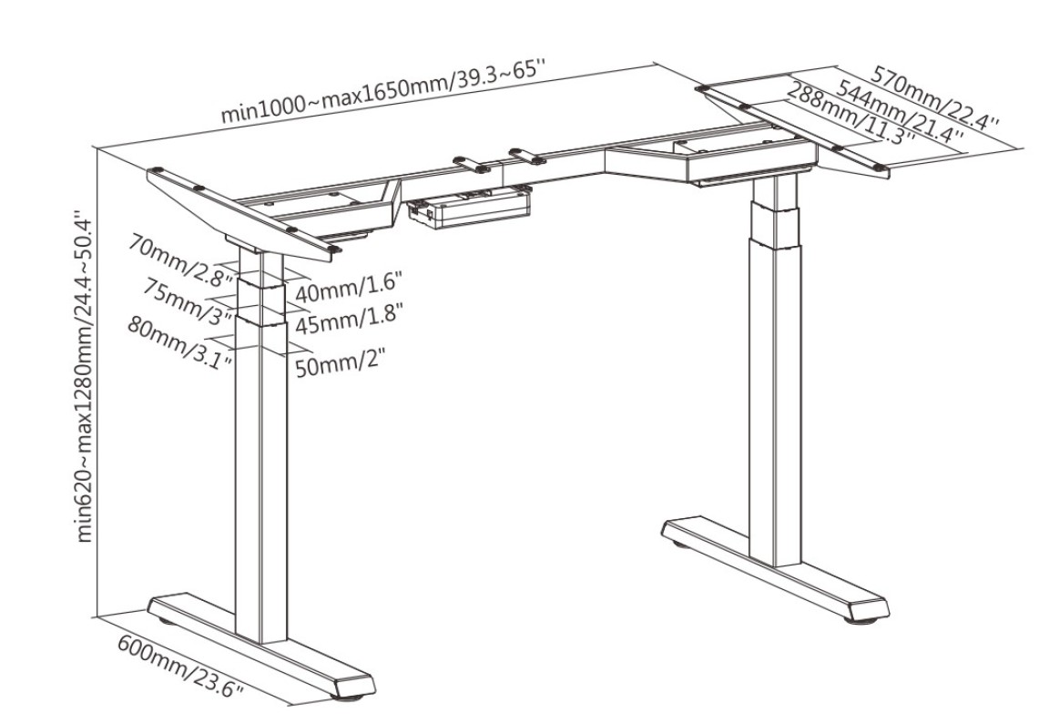 Výškovo nastaviteľný stôl Brateck M08-23DE 2 motory rozsah 620-1280 mm nosnosť 100 kg 