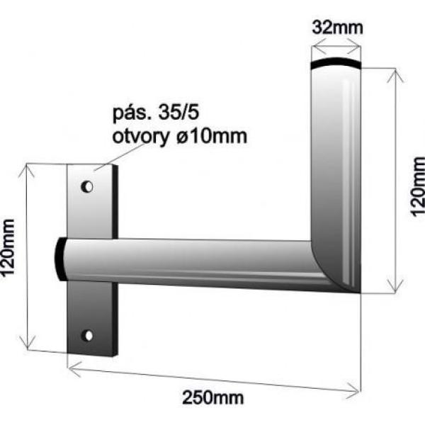 Držák antény na zeď u okna s pásem,  levé uchycení,  galvanický zinek,  délka 25cm,  průměr 3, 2cm1