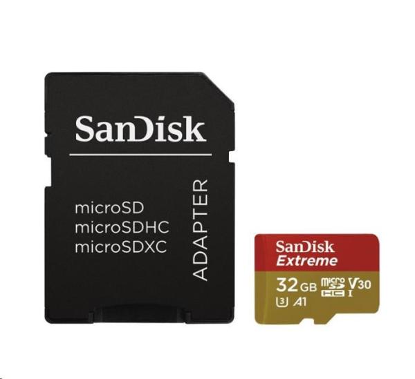 Karta SanDisk MicroSDHC 32 GB Extreme (100 MB/ s,  Class 10 UHS-I V30,  pre akčné kamery) + adaptér