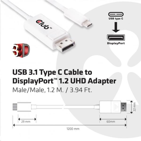 Adaptér Club3D USB 3.1 Typ C na DisplayPort 1.2 4K60Hz UHD 1,2 m (M/M)0