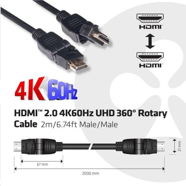 Kábel HDMI Club3D 2.0 4K60Hz UHD,  360 otočné konektory (M/ M),  2 m1