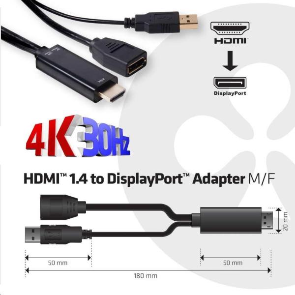 Adaptér HDMI Club3D 1.4 na DisplayPort 1.1 (M/ F),  napájanie USB,  18 cm1