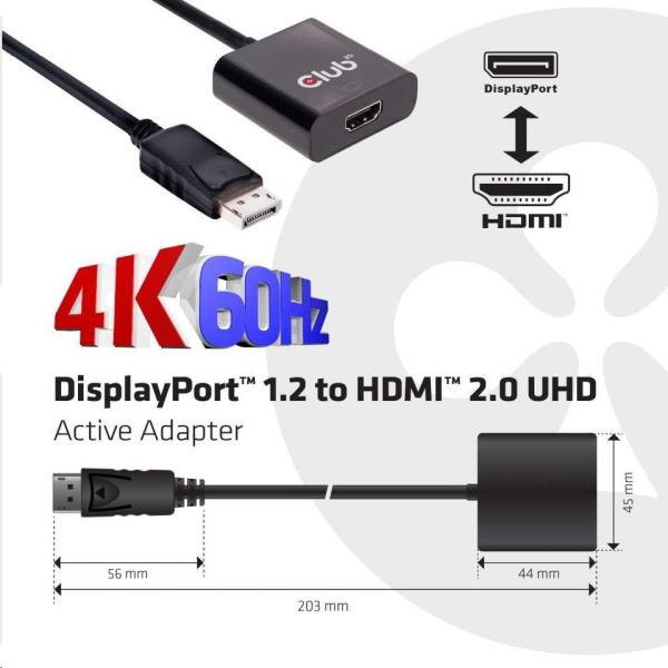 Club3D Active DisplayPort adaptér 1.2 na HDMI 2.0 4K60Hz UHD,  20 cm3