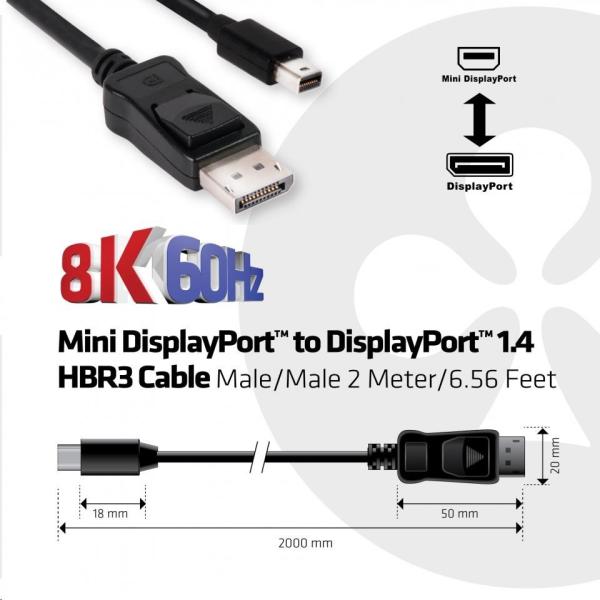 Club3D Adaptér mini DisplayPort 1.4 na DisplayPort 1.4,  HBR3 8K60Hz/ 4K120Hz (M/ M),  2m1