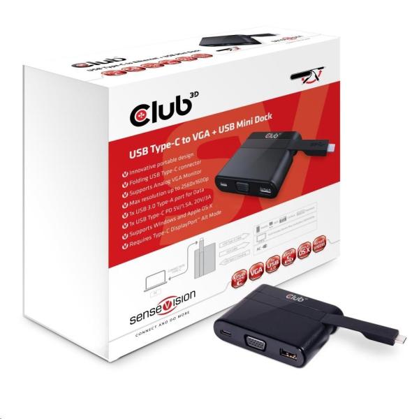 Club3D Mini dokovací stanice USB 3.0 typ C (VGA USB 3.0 USB-C), nabíjecí