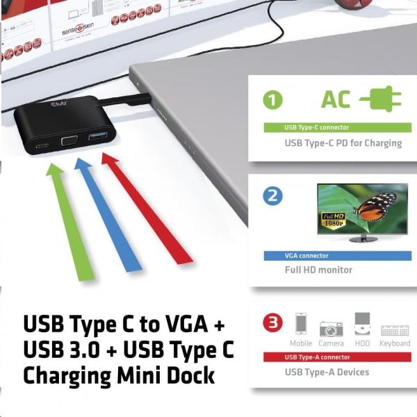 Club3D Mini dokovací stanice USB 3.0 typ C (VGA USB 3.0 USB-C), nabíjecí2