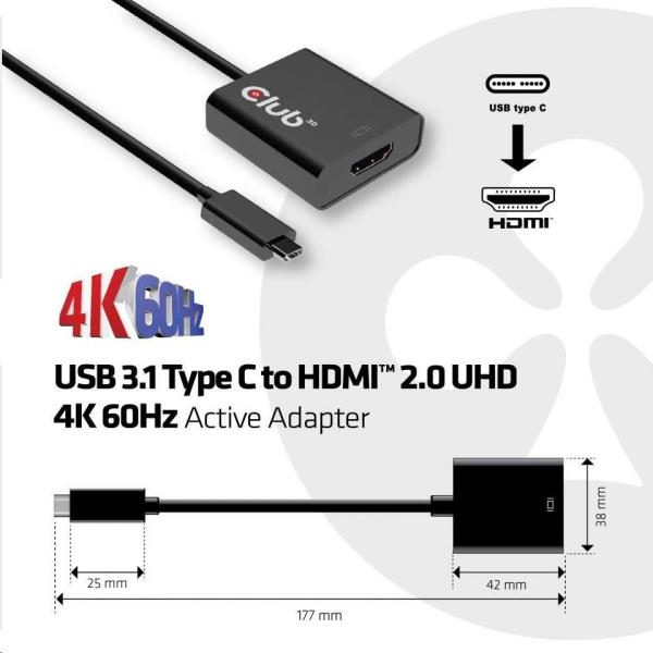 Aktívny USB adaptér Club3D 3.1 Typ C na HDMI 2.0 UHD 4K60Hz HDR,  17 cm3