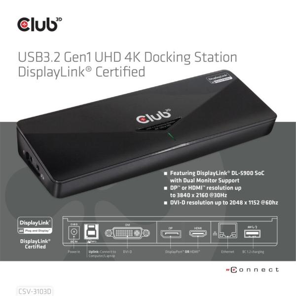 Club3D Dokovací stanice USB 3.2 Gen1 UHD 4K s certifikací DisplayLink®,  1xHDMI,  1xDP,  1xDVI-D2