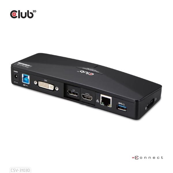 Club3D Dokovací stanice USB 3.2 Gen1 UHD 4K s certifikací DisplayLink®, 1xHDMI, 1xDP, 1xDVI-D0