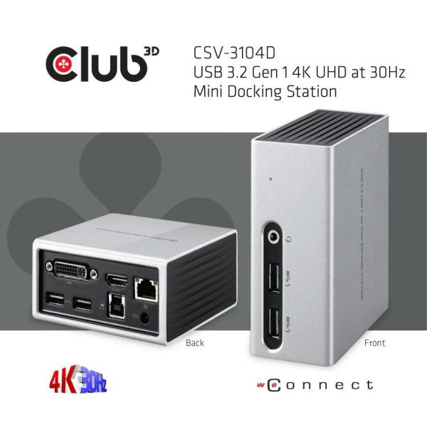 Club3D Mini dokovací stanice USB 3.2 4K30Hz UHD (HDMI/ DVI/ 4x USB 3.1/ Ethernet/ Audio) DisplayLink® Certified1